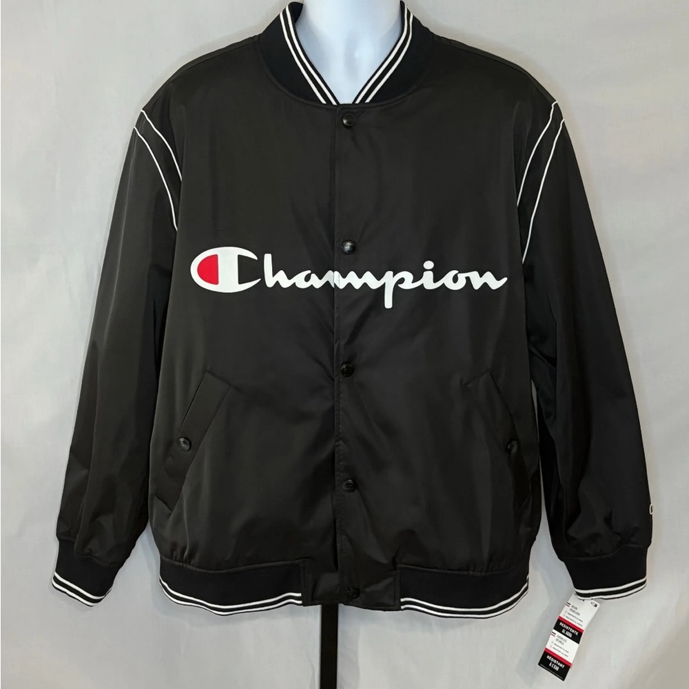 XL - Champion Classic Satin Varsity Full Chest Script Black Bomber Jacket - NWT